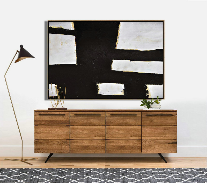 Modern Art Abstract Painting,Horizontal Palette Knife Minimal Canvas Art Painting Black White Beige - Large Living Room Decor